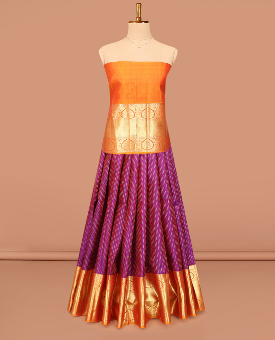 Purple Pure Silk Half-Saree, Mesmerized with Zari Buttas on Its Skirt, Complemented by a Contrast Border Featuring Traditional Zari Designs, Comes with a Contrast Blouse and a Dhavani of Mayil-Chakram Enclosed Checks