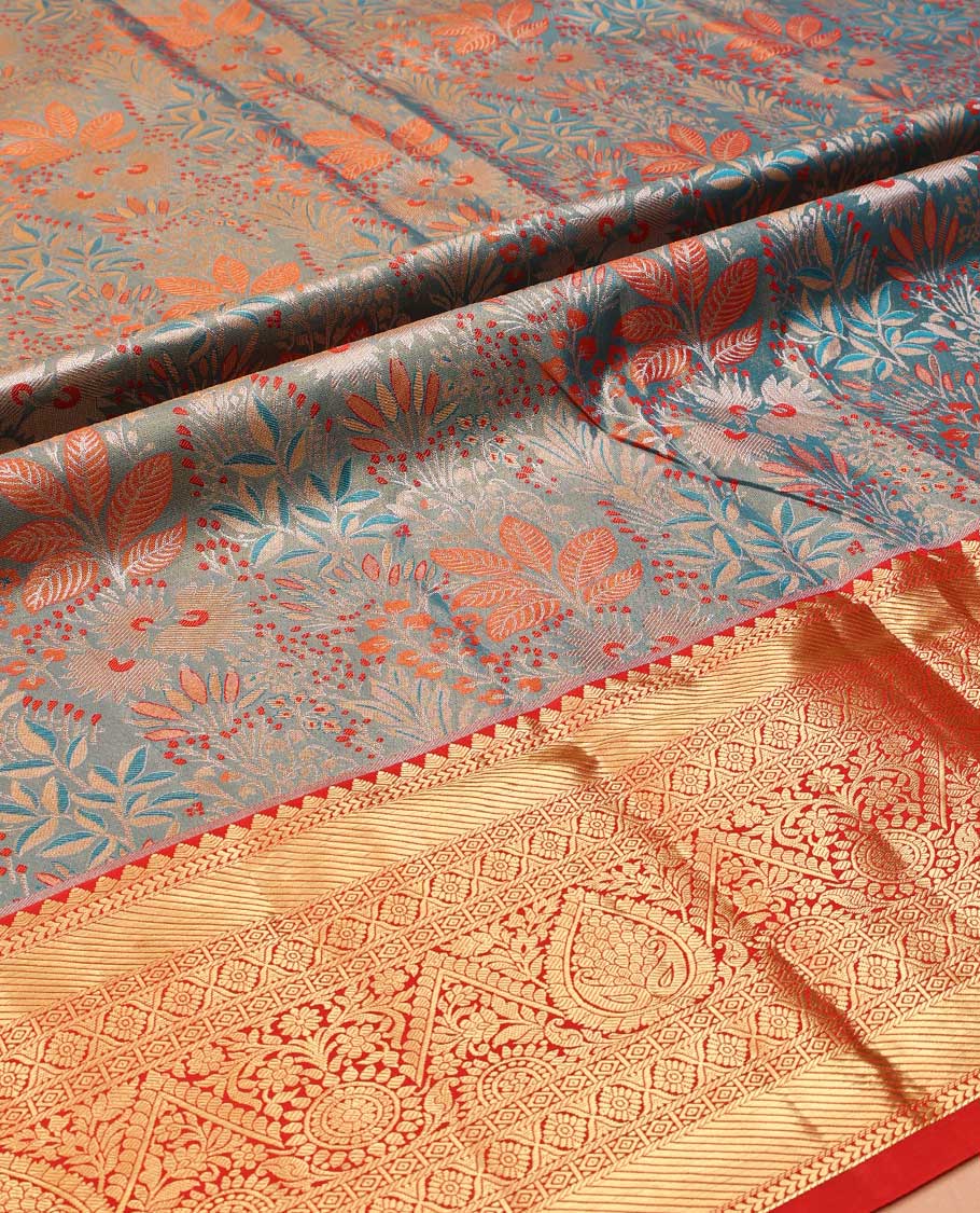 Blue Art Silk Material Half Saree Set, Opulently Embellished with Tropical-Floral Jacquard Design Skirt, a Contrast Traditional Zari Design Border, Contrast Zari-Jacquard Blouse, and a Dhavani of Floral Designs