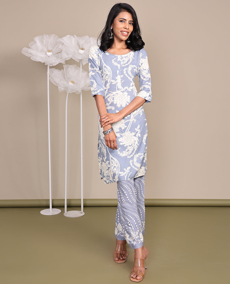 Grey Cotton Ready-Made Suit, Featuring Floral Print, a Round Front Neckline, 3/4 Sleeves, and a Straight-Cut Top, Paired with Geometric Printed Straight-Cut Pants