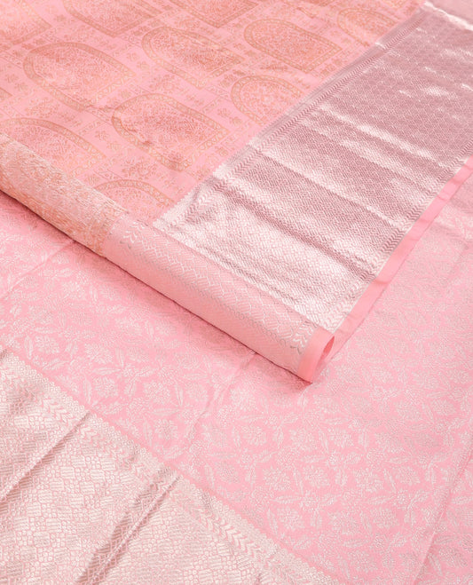 Pink jacquard silk saree, zari enriched geometric border & intricately designed pallu