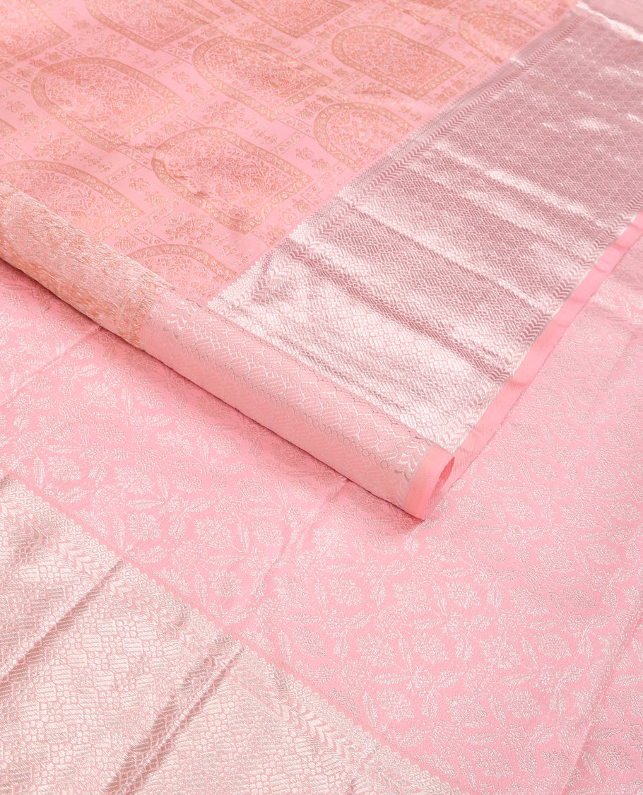 Pink jacquard silk saree, zari enriched geometric border & intricately designed pallu