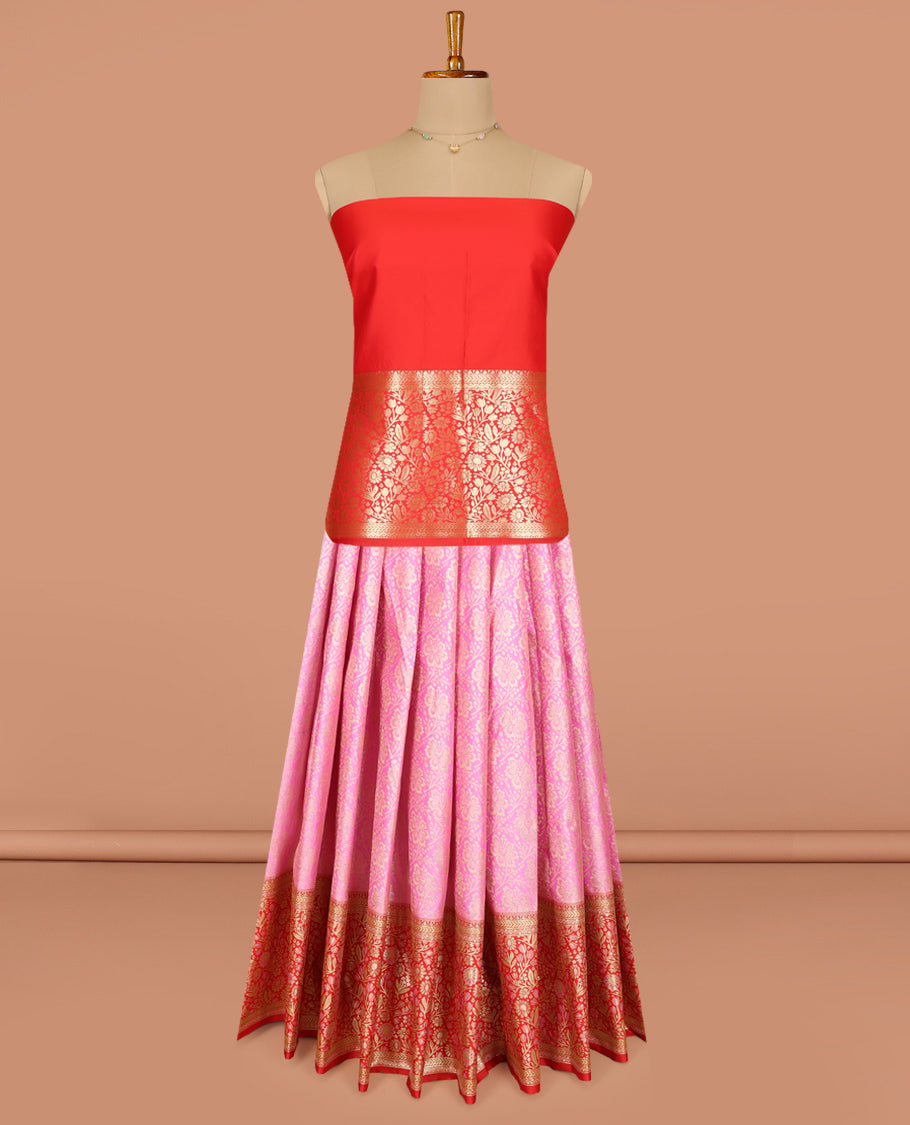 Pink Art Silk Pavadai Material, Bedecked with Jacquard Design, Contrast Floral Zari Design Border, and a Contrast Blouse