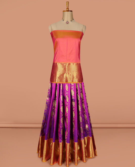 Purple pure silk half saree, zari design skirt, contrast border and blouse of kathir, kuyil kann, rettai manga and mayil designs, and floral jaal dhavani