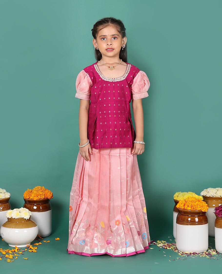 Pink art silk readymade pavadai set, buttas with thread floral embroidery skirt with contrast neck embroidered puff-sleeve blouse