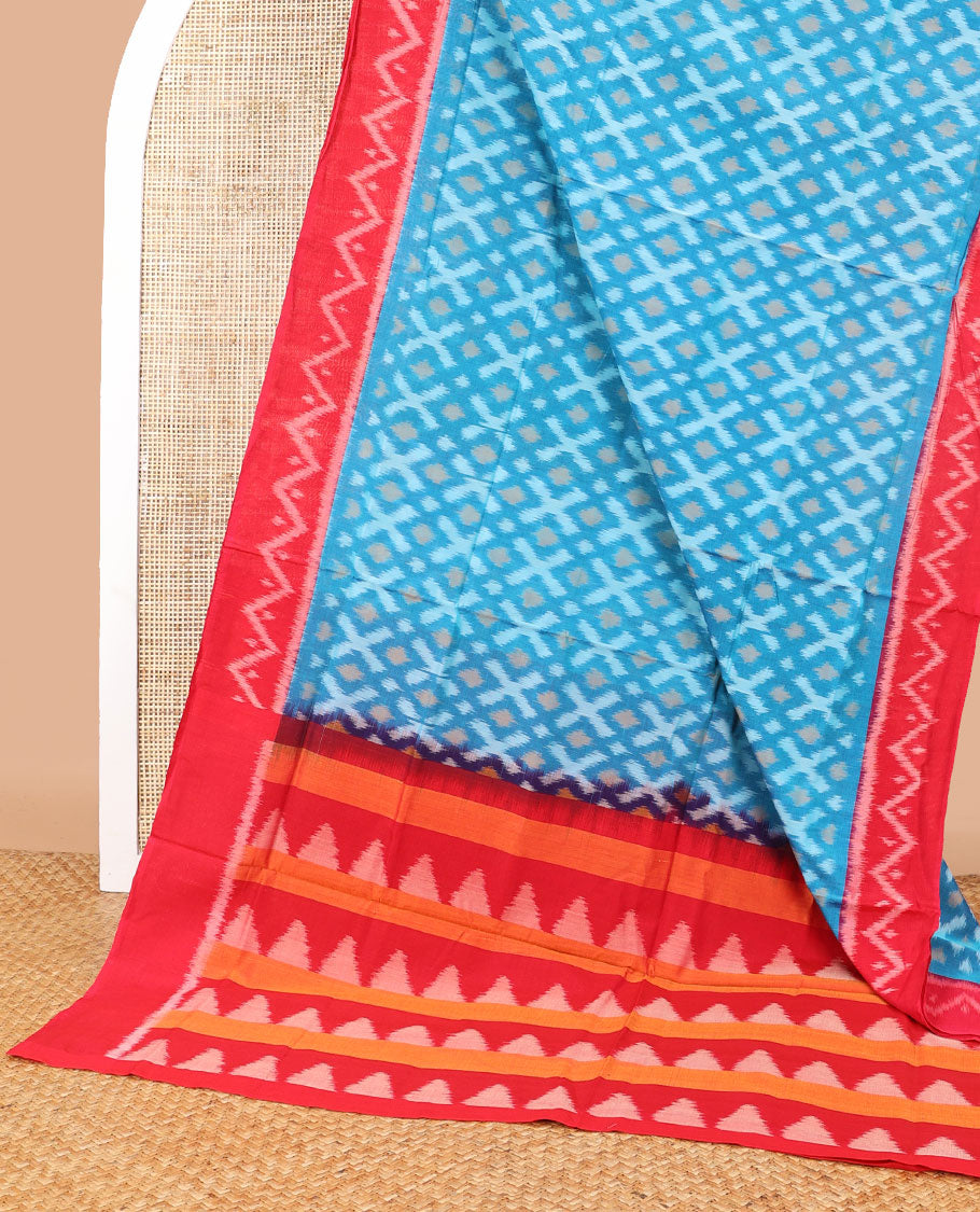 Blue geomtric design ikkat cotton saree with contrast geometric design border & triangle design pallu
