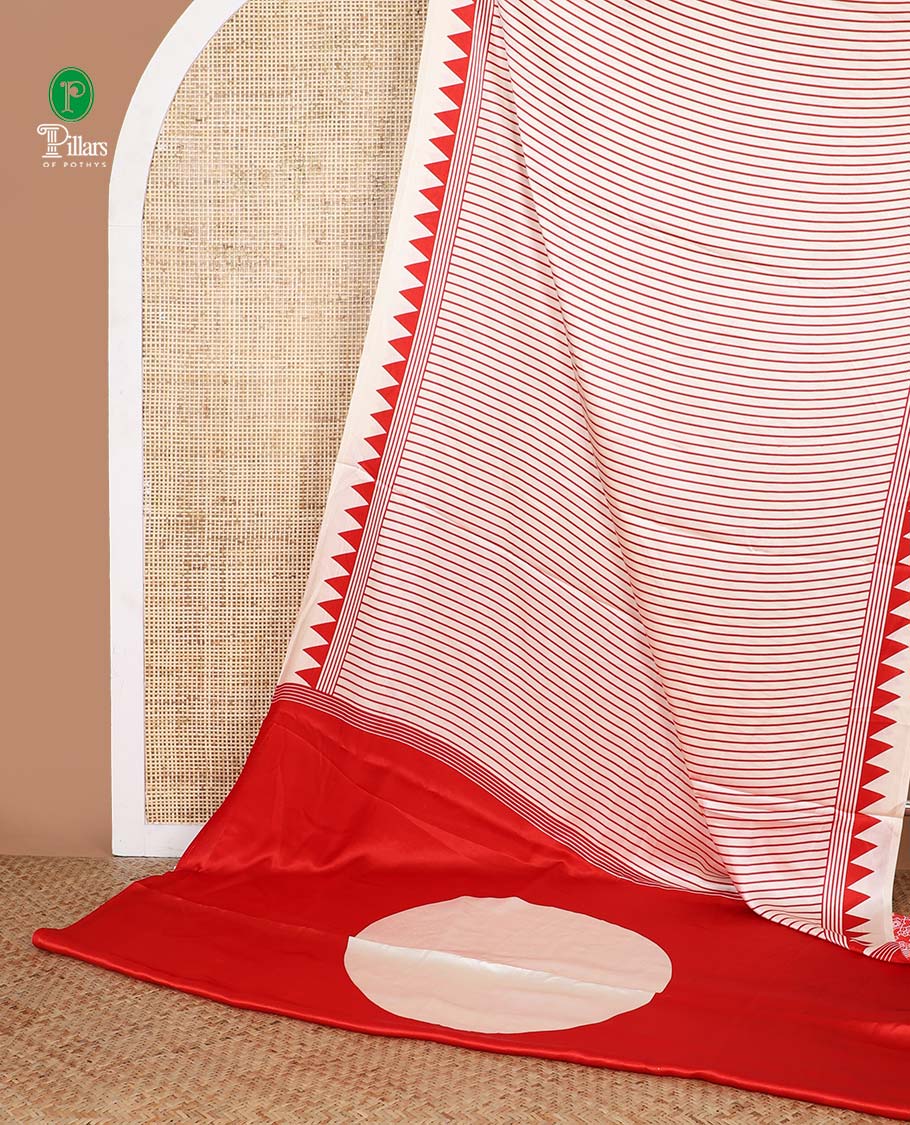 White with red vertical lining printed design semi modal crepe saree with temple border & circle butta pallu along with printed blouse