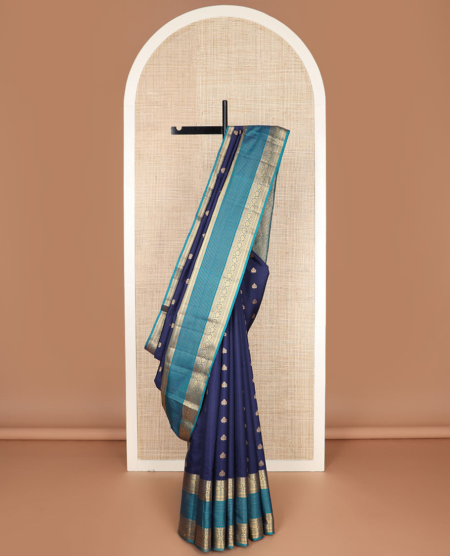 Blue zari buttas vasundhara silk mix saree, contrast geometric pallu & border of thilakam mokku,neli,poun,stripes & kodi visiry