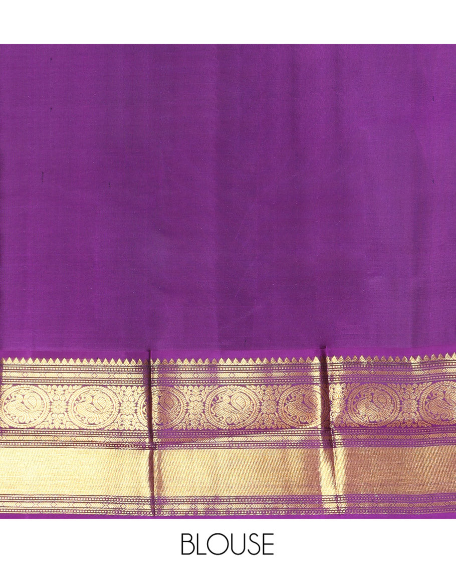 Rexona Green Vasundhara Silk Saree, Beautified with Sparse Stripes and Zari Buttas, Complemented by a Contrast Border of Thilakam, Banaras, Muthu, and Round Mayil Designs, Pallu Steeped with Traditional Designs, and Paired with a Contrast Blouse