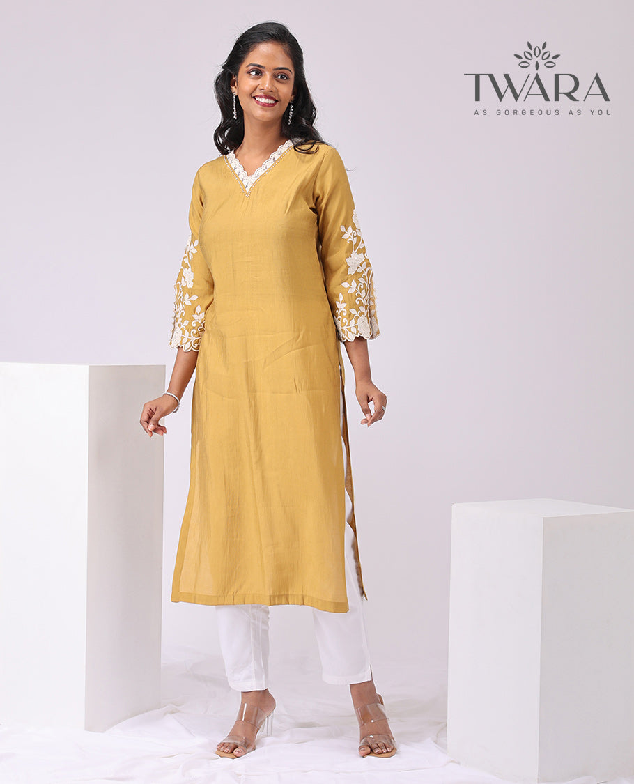 Twara Mustard florad thread embroidery v neck, knee length , 3/4 th sleeve kurti