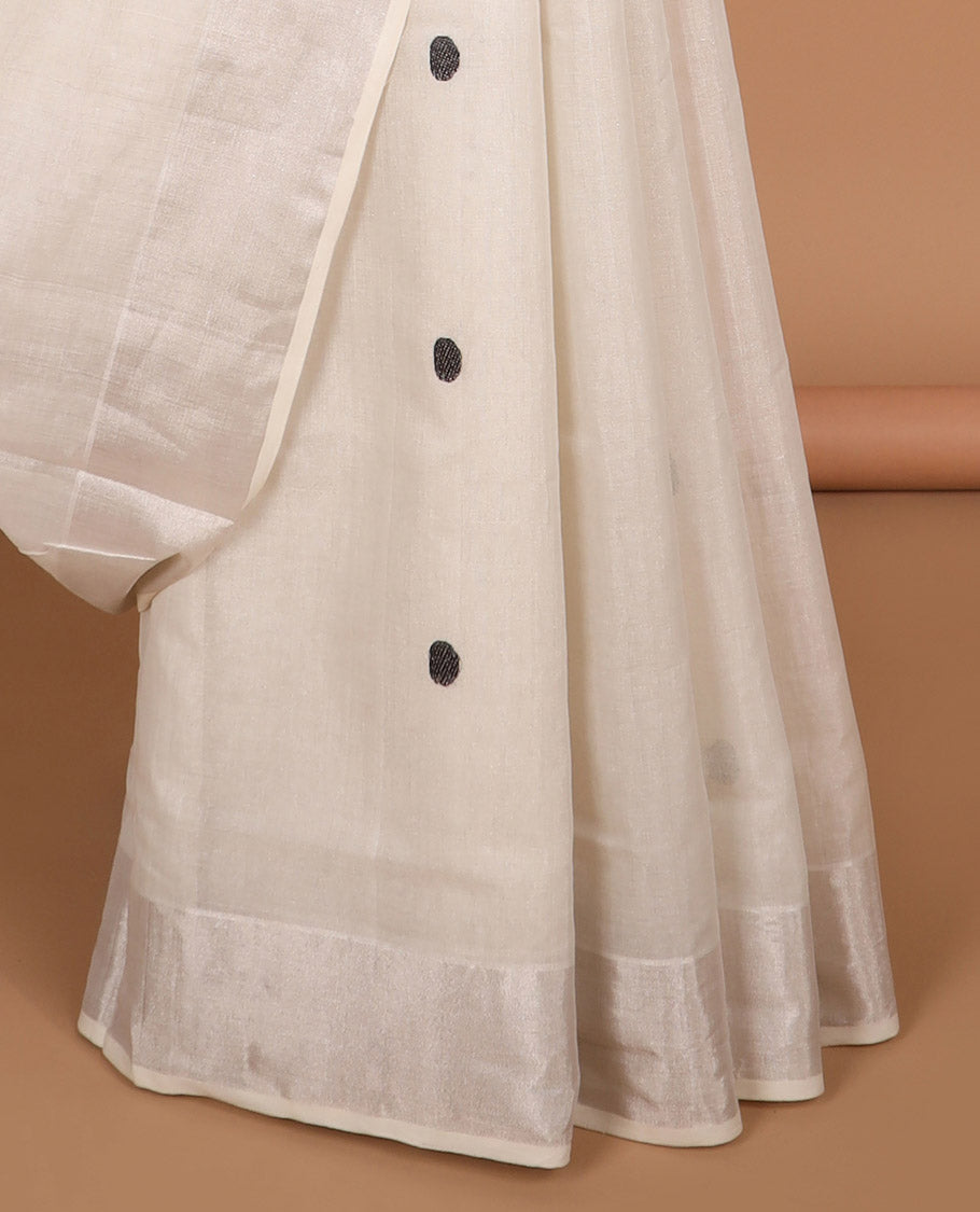 White polka dot kasavu saree with self zari border & striped, polka dot design pallu