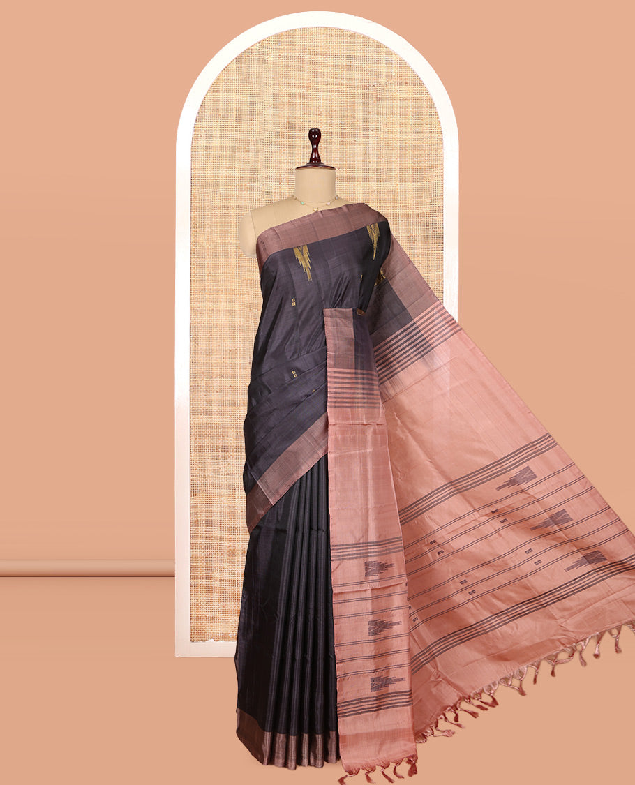 Black Banana Pith Saree, Woven with Buttas, a Contrast Border, Pallu of Buttas and Stripes, and a Contrast Blouse