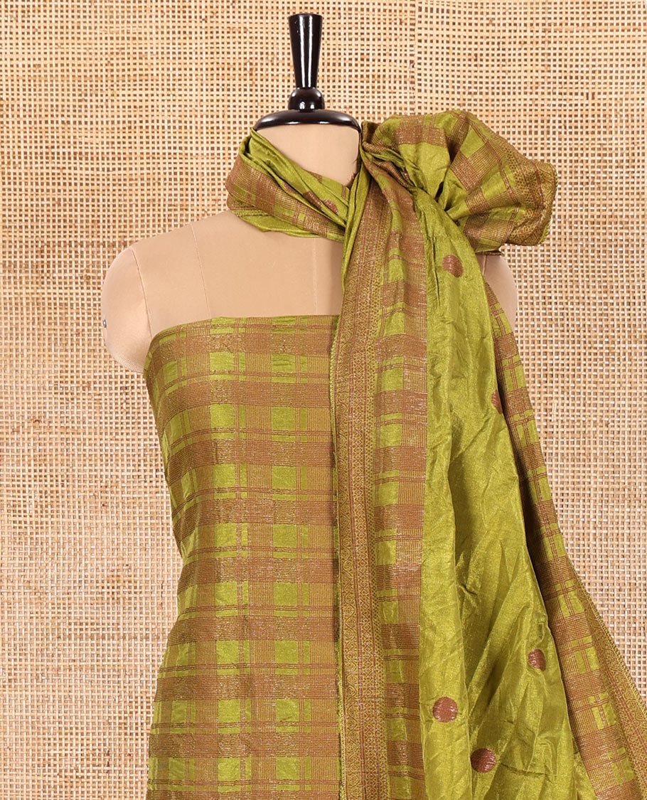 Green Material Chudidar Set Embellished with Copper Zari Checks Semi-Modal Silk Top, Subtly Made Plain Santoon Bottom, and a Semi-Modal Dupatta Featuring Polka Dots in Zari