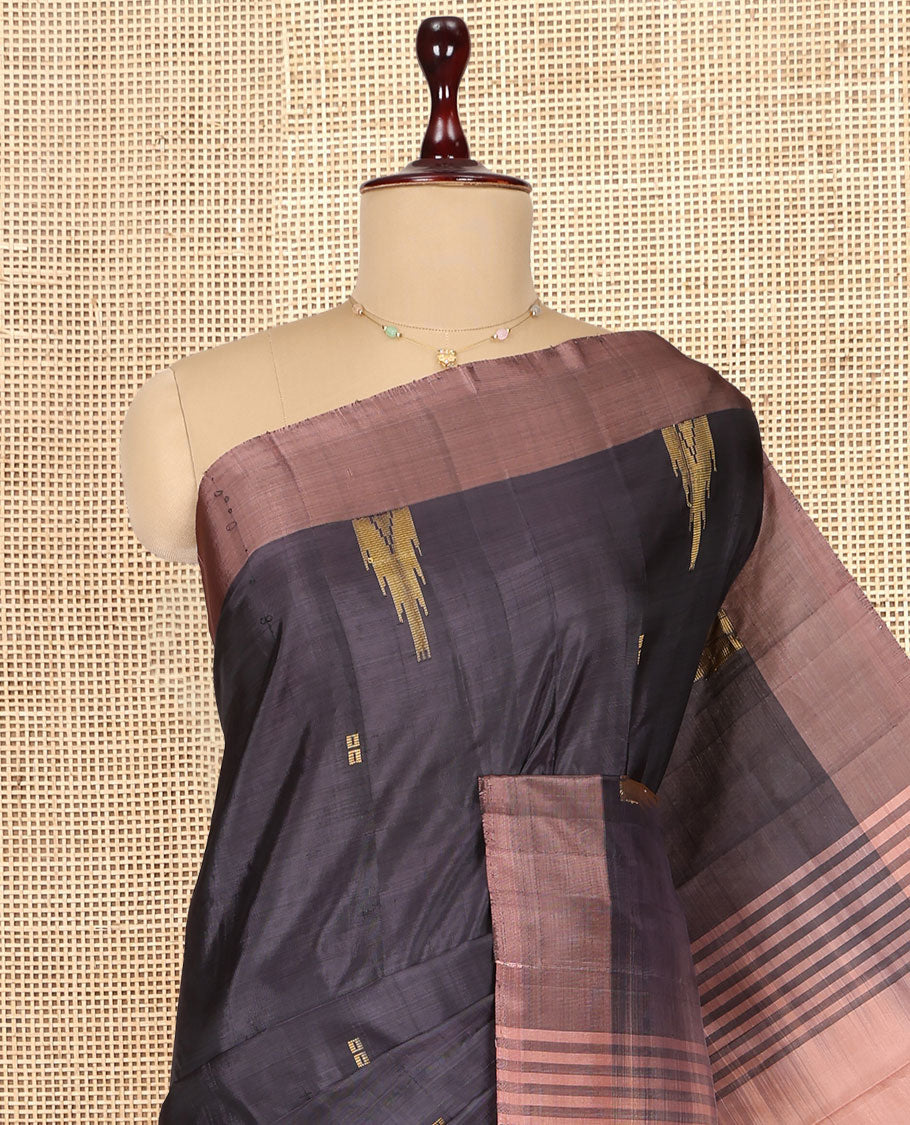 Black Banana Pith Saree, Woven with Buttas, a Contrast Border, Pallu of Buttas and Stripes, and a Contrast Blouse