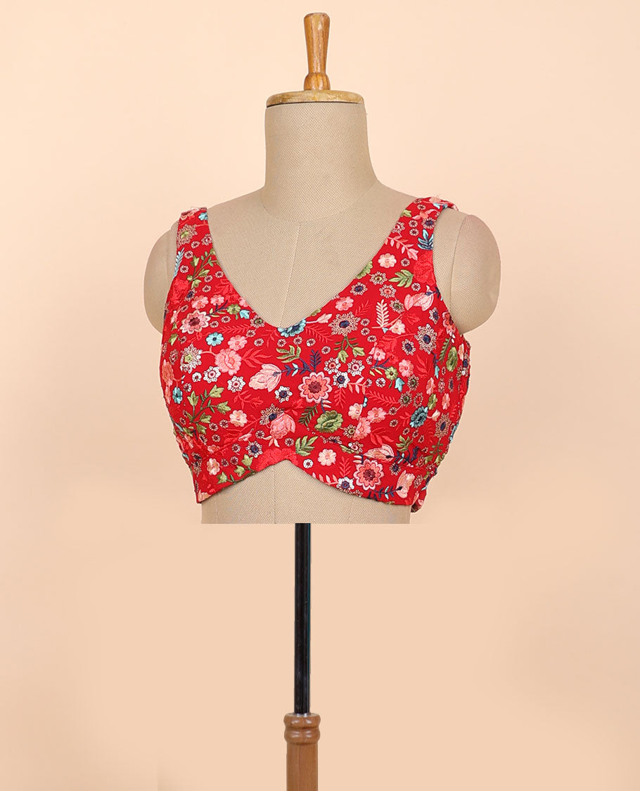 Red floral embroidered front & back deep v-neck raw-silk readymade sleeveless blouse