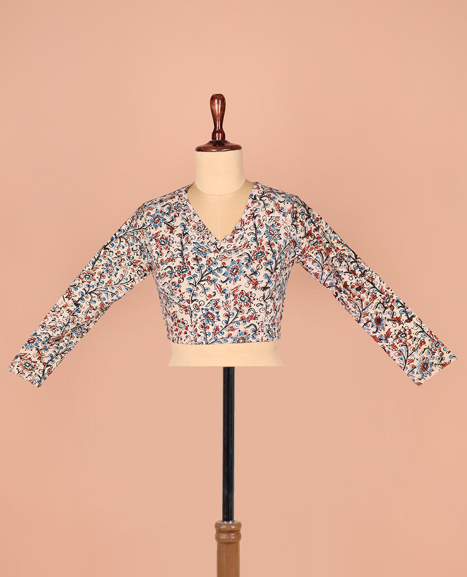 Multi-Color Readymade Blouse Gracefully Decked Up with Floral Vine Prints, Featuring a Front V-Neck, a Back Closed Neck, and Full Sleeves