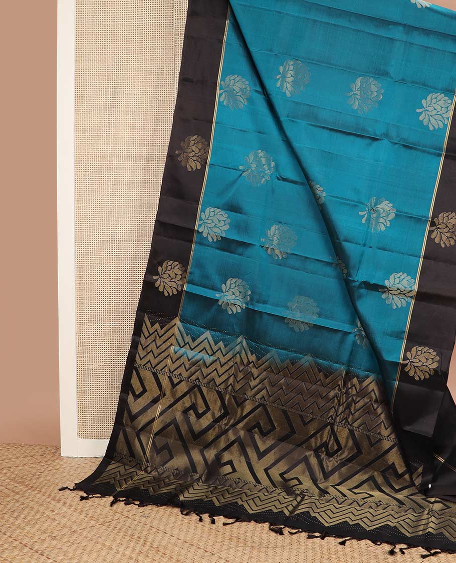 Blue zari buttas silk mix saree, contrast floral design border & pallu of geometric designs