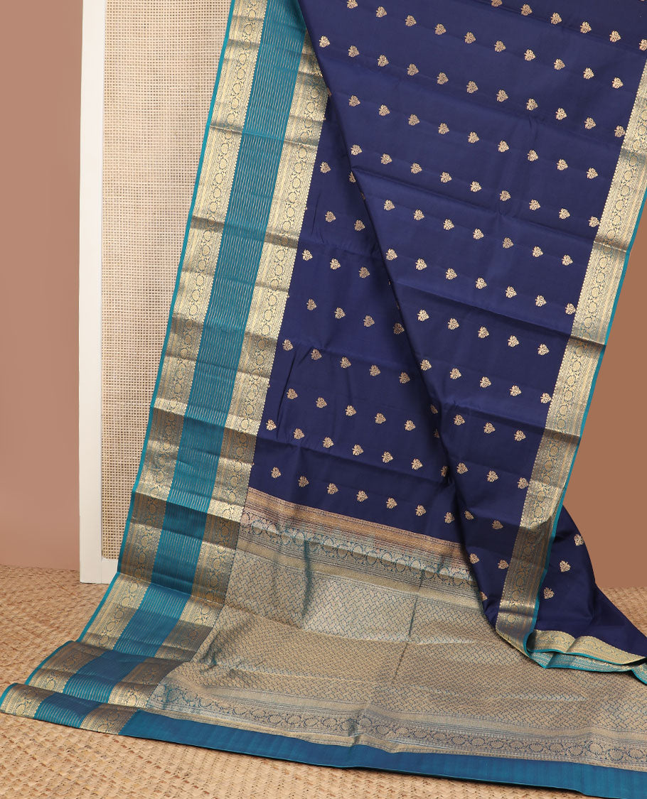 Blue zari buttas vasundhara silk mix saree, contrast geometric pallu & border of thilakam mokku,neli,poun,stripes & kodi visiry