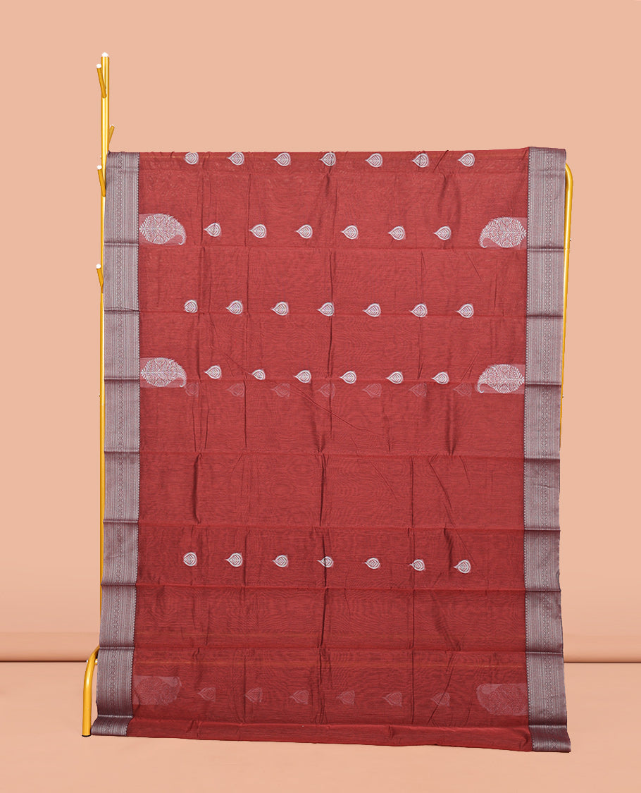 Maroon Semi-Silk Cotton Saree, Delicately Designed with Buttas All Over Its Body, Traditional Design Border of Paisleys, Geometric-Patterned Pallu, and Paired with a Matching Blouse
