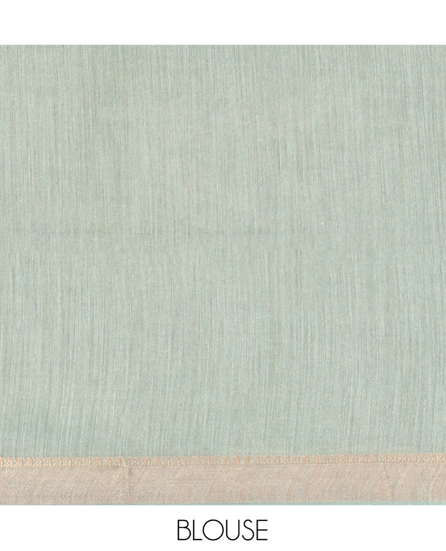Dark Grey Buttas Tussar Silk Saree, an Ajrakh-Printed Border, Ajrakh Pallu, and Contrast Blouse