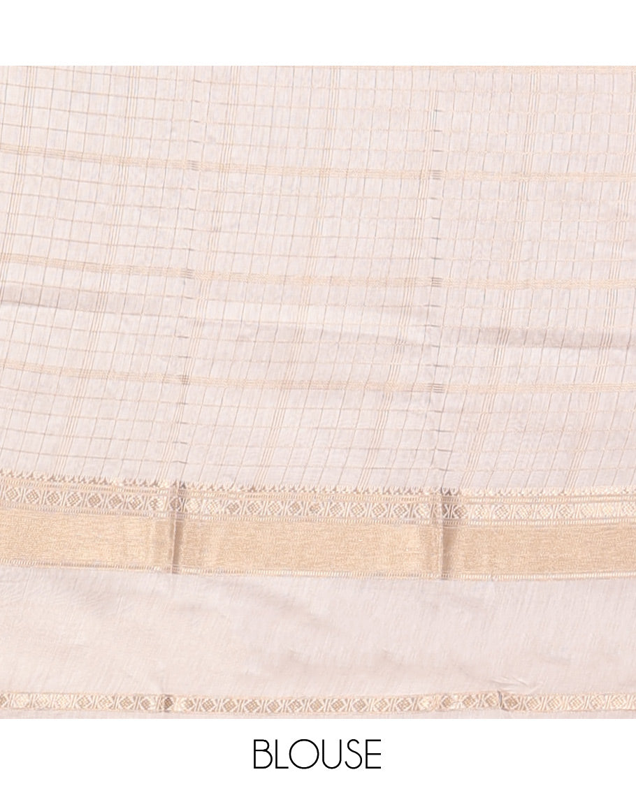 Red Assam Silk Saree, Embellished with Zari Checks, Complemented by a Contrast Traditional Border, Zari Striped Pallu, and a Contrast Blouse