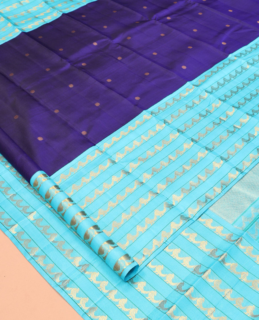 Blue Kanchipuram Designer Silk Saree, Opulently Embellished with Zari Buttas, a Contrast Border Steeped with Kili Designs, Zari-Woven Pallu, and a Contrast Blouse
