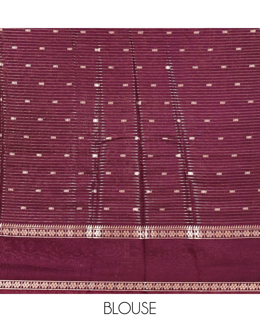 Yellow Assam Silk Saree, Subtly Sparkled with Buttas and Stripes, Traditional Zari Border, Zari-Design Pallu, and a Contrast Blouse