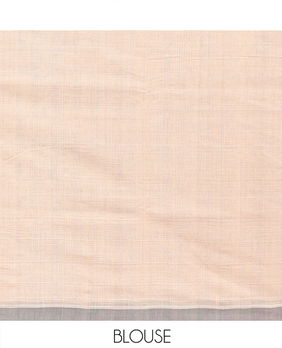 Grey Heathered Textured Mangalgiri Cotton Saree, Complemented by Contrast Border, Striped Pallu, and Paired with a Contrast Blouse