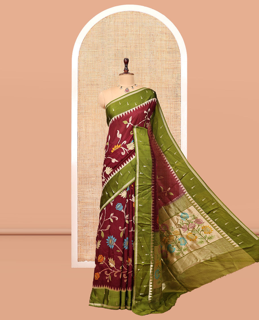 Wine Paithani Floral Organza Saree, Contrast Border and Blouse