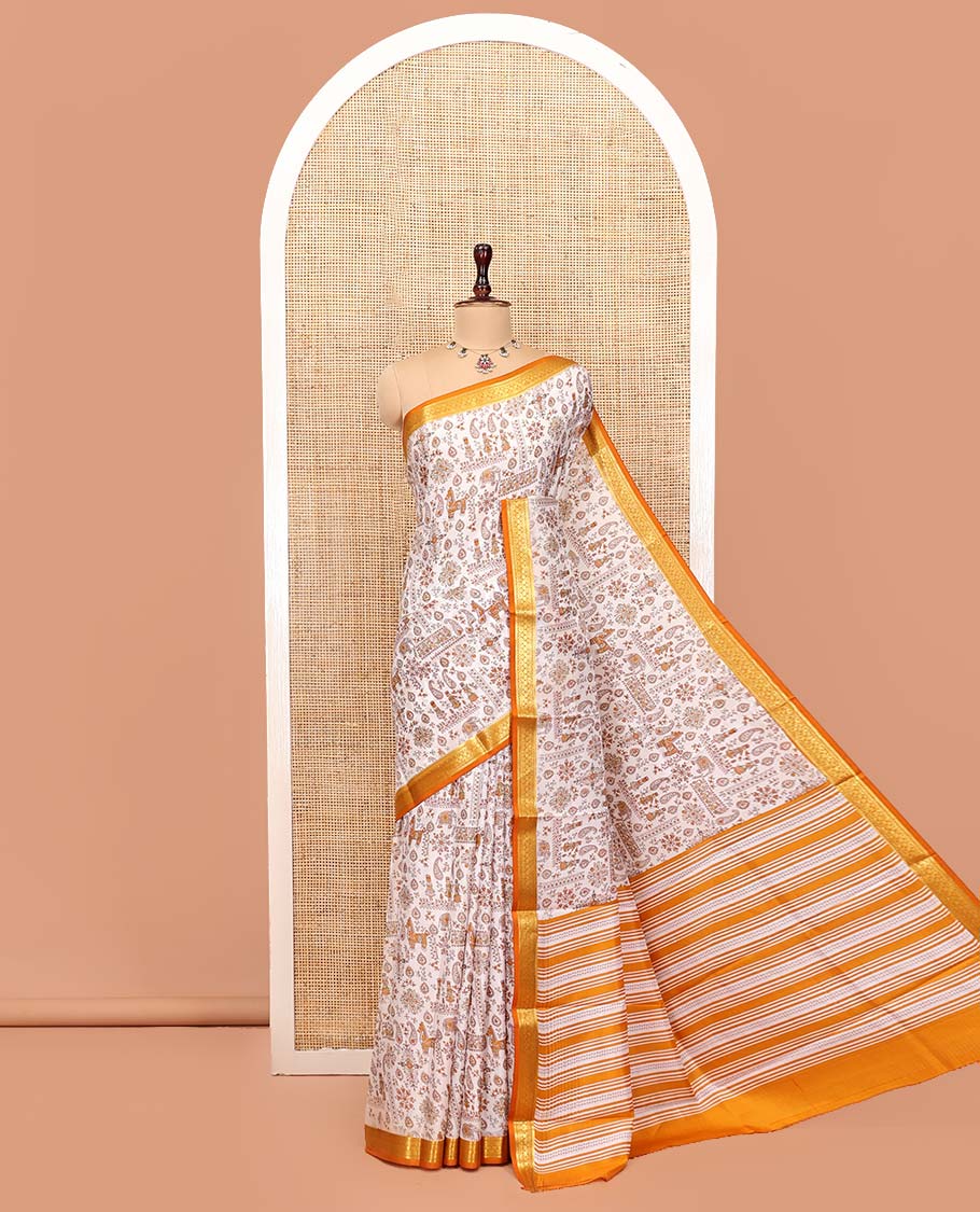 Cream Printed Silk Saree, Artfully Detailed with Flora, Fauna, and Human Motifs Print, Complemented by a Contrast Traditional Zari Border, Striped Pallu, and a Contrast Blouse