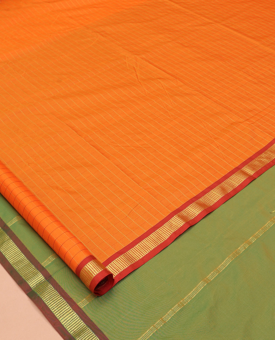 Orange Checked Art-Silk Nine Yard Saree, a Contrast Traditional Zari Border, Pallu of Zari Stripes, and No Blouse