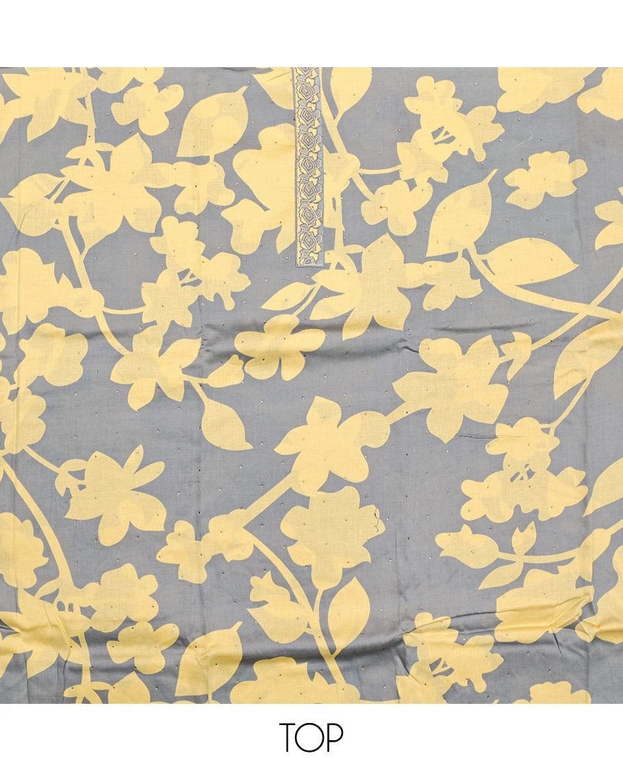 Grey and Yellow Material Chudidar Set, Decked Up with Silhouette-Style Floral Print, and Stone Work on Its Rayon Top, a Plain Rayon Bottom, and Paired with a Floral Printed Rayon Dupatta
