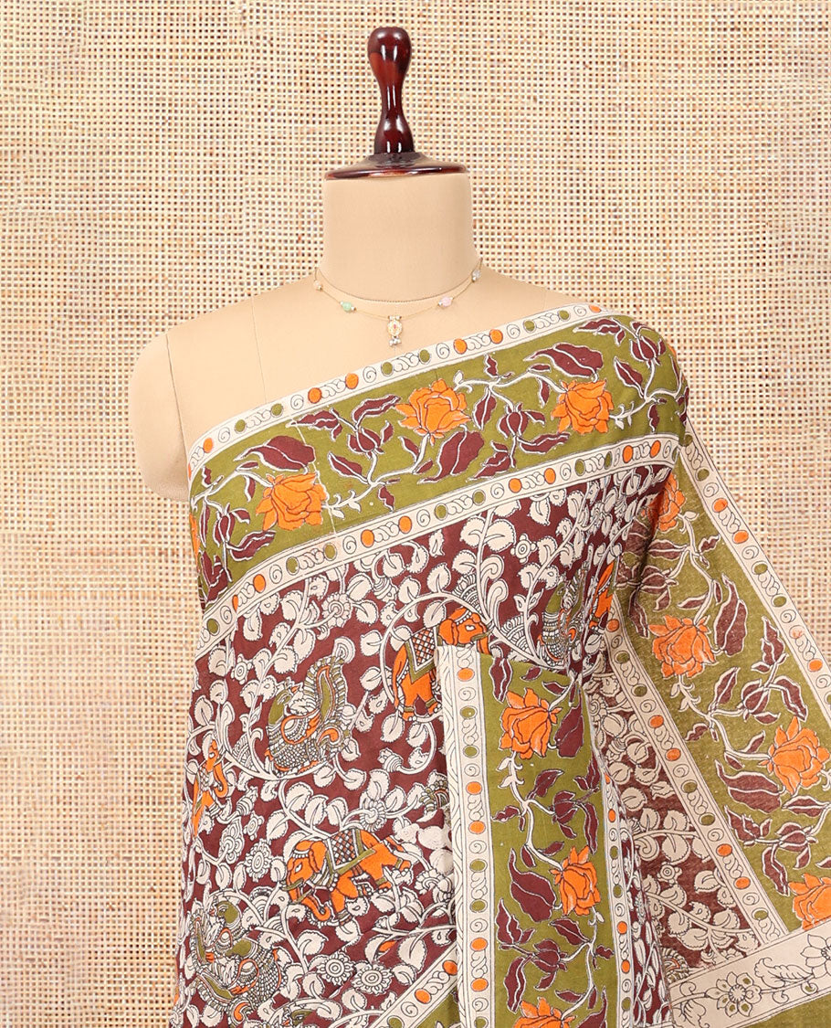 Red Kalamkari Cotton Saree, Adorned with Floral Vine Print, Contrast Printed Border, Kalamkari Peacock Motifs Pallu, and a Contrast Blouse