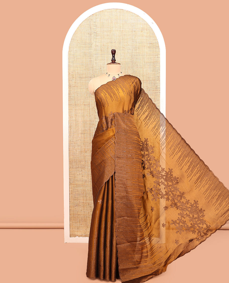 Mustard Iconic Blooming Saree Features Floral Copper-Thread Embroidery Border, and Matching Blouse