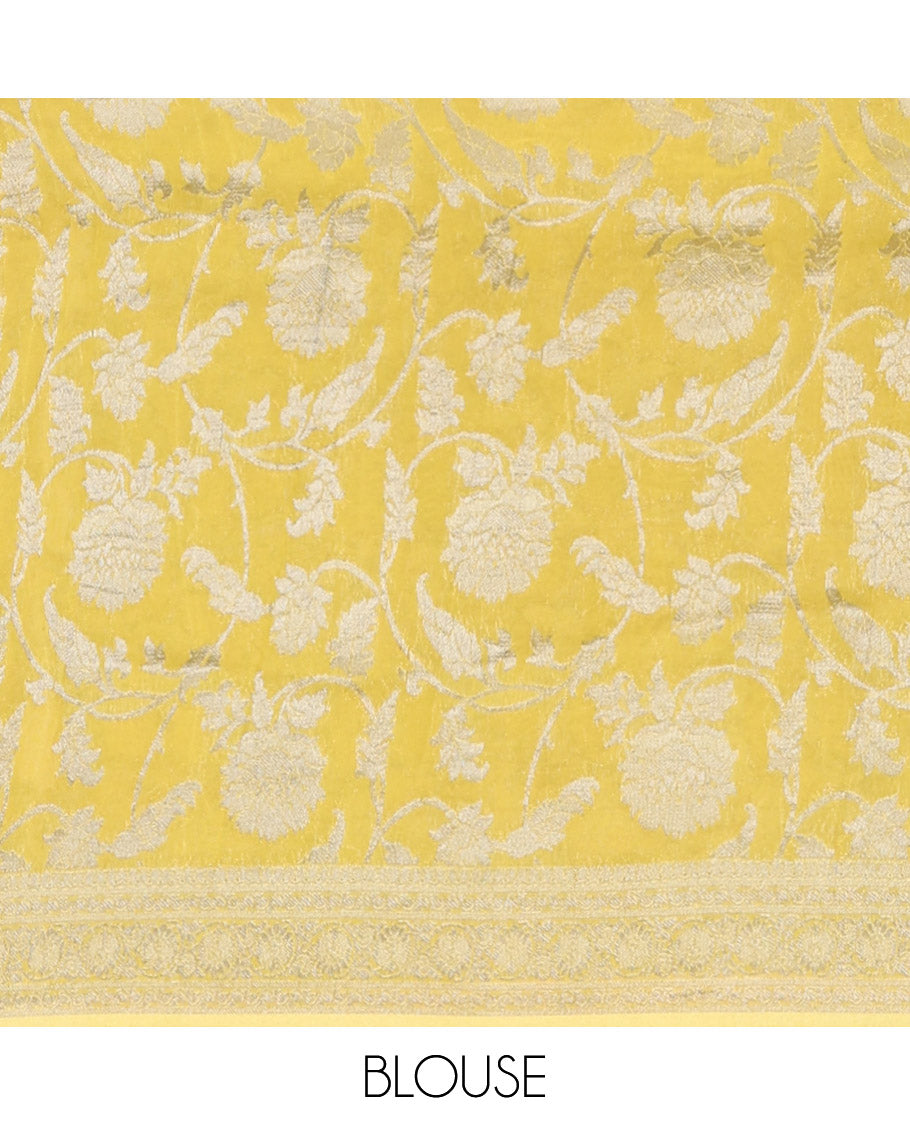 Yellow Georgette Saree, Elevated with Buttas, Highlighted by a Traditional Border, Floral Jaal Pallu, and a Matching Blouse
