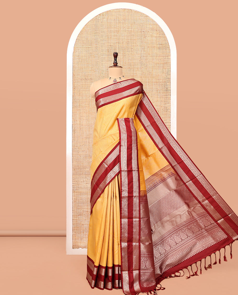 Yellow Budget Silk Saree, Subtly Sparkled with Stripes and Buttas, Contrast Traditional Rettai Pettu Border, Grand Pallu, and a Contrast Blouse