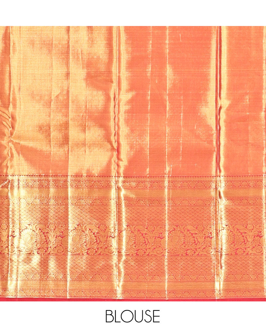 Blue Kanchipuram Tissue Silk Saree, Beautifully Bedecked with Meenakari Jacquard, a Contrast Border of Kodi Visiry, Jaal, and Mayil Designs, Diagonal Striped Pallu, and Contrast Blouse