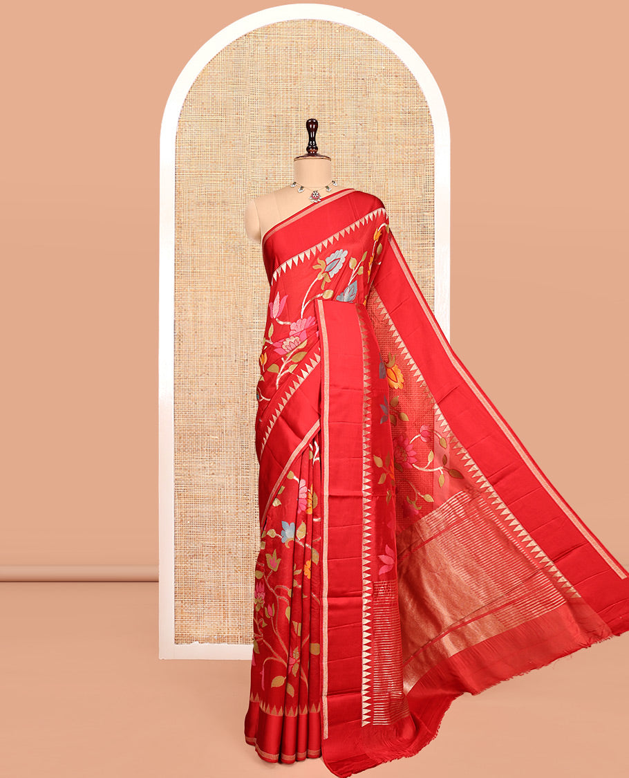 Red Matka Silk Saree, Mesmerized with Floral Vine Design All Over Its Body, Highlighted by a Self-Border of Temple Designs, Zari Striped Pallu, and Paired with Matching Blouse