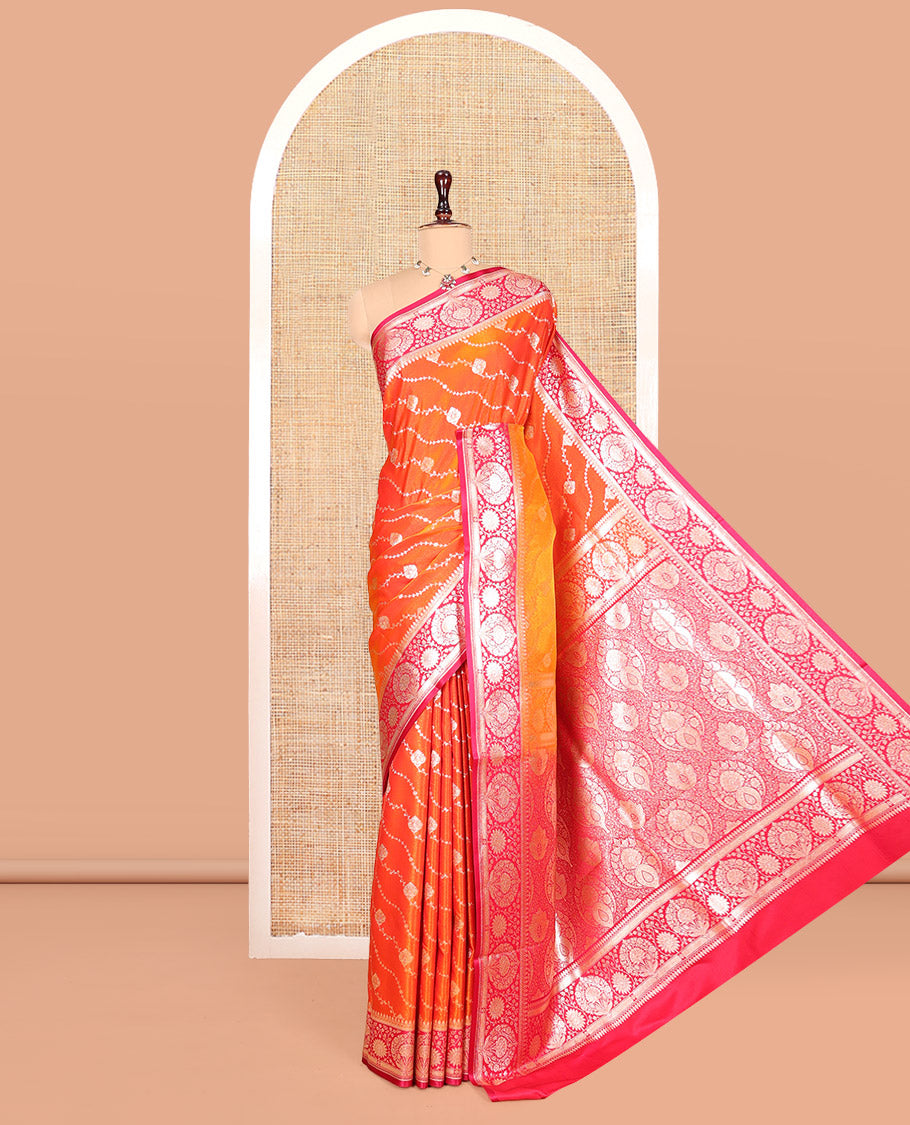 Orange Banarasi Nylon Saree, Embellished with Diagonal Stripes, Contrast Intricate Zari Border, Intricate Pallu, and a Contrast Blouse
