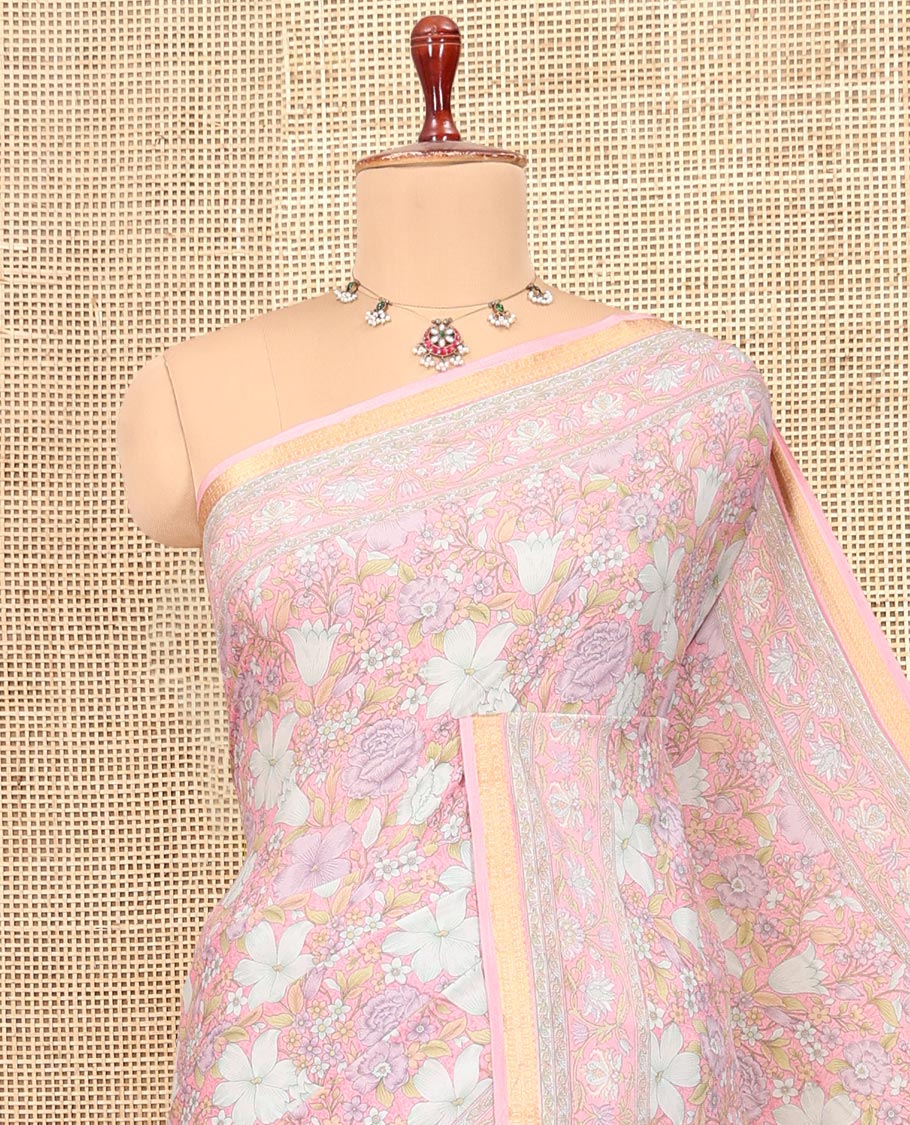 Baby Pink Printed Silk Saree, Ornamented with Floral Print, a Zari Border, Floral Printed Pallu, and a Matching Blouse