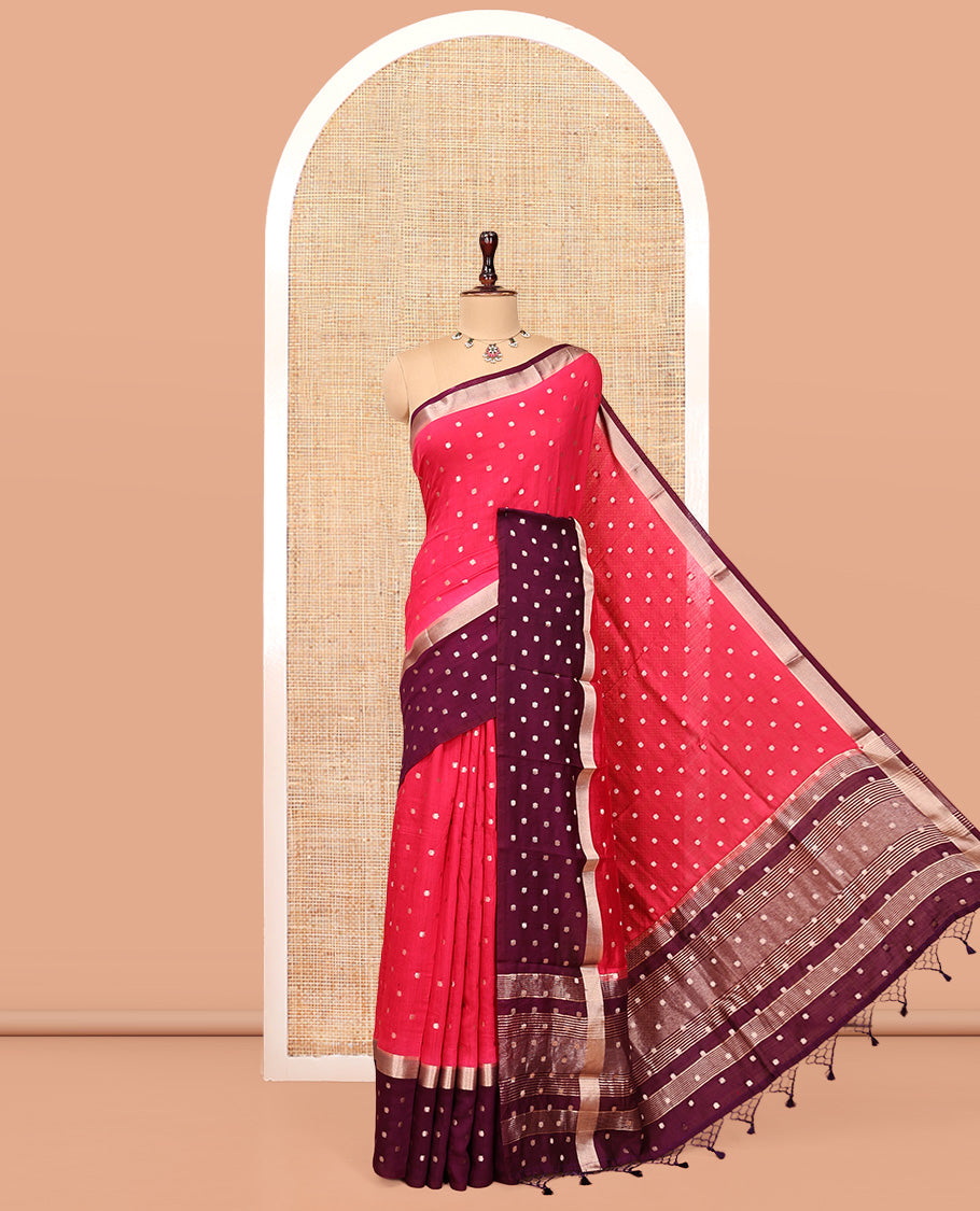 Pink Assam Silk Saree, Steeped with Zari Buttas, Complemented by a Contrast Zari Buttas Woven Border, Zari Design Pallu, and a Contrast Blouse