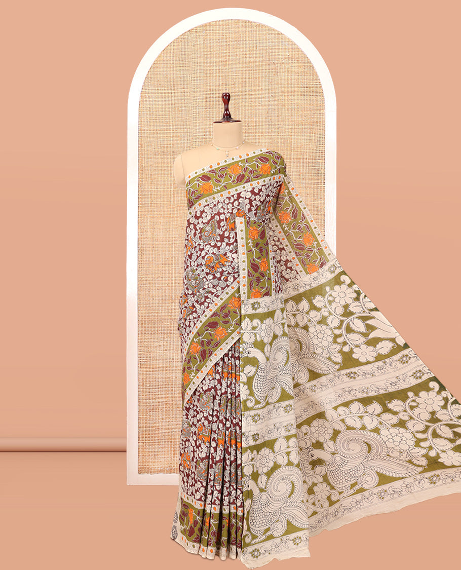 Red Kalamkari Cotton Saree, Adorned with Floral Vine Print, Contrast Printed Border, Kalamkari Peacock Motifs Pallu, and a Contrast Blouse