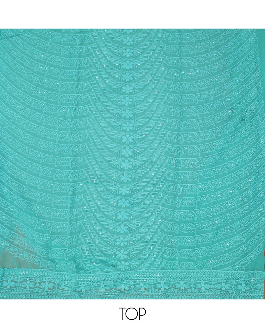 Blue Material Chudidar Set, Highlighted by Chikankari-Style Thread and Sequins Embroidery on Georgette Top, a Plain Santoon Bottom, and Paired with a Geometric Embroidery Georgette Dupatta
