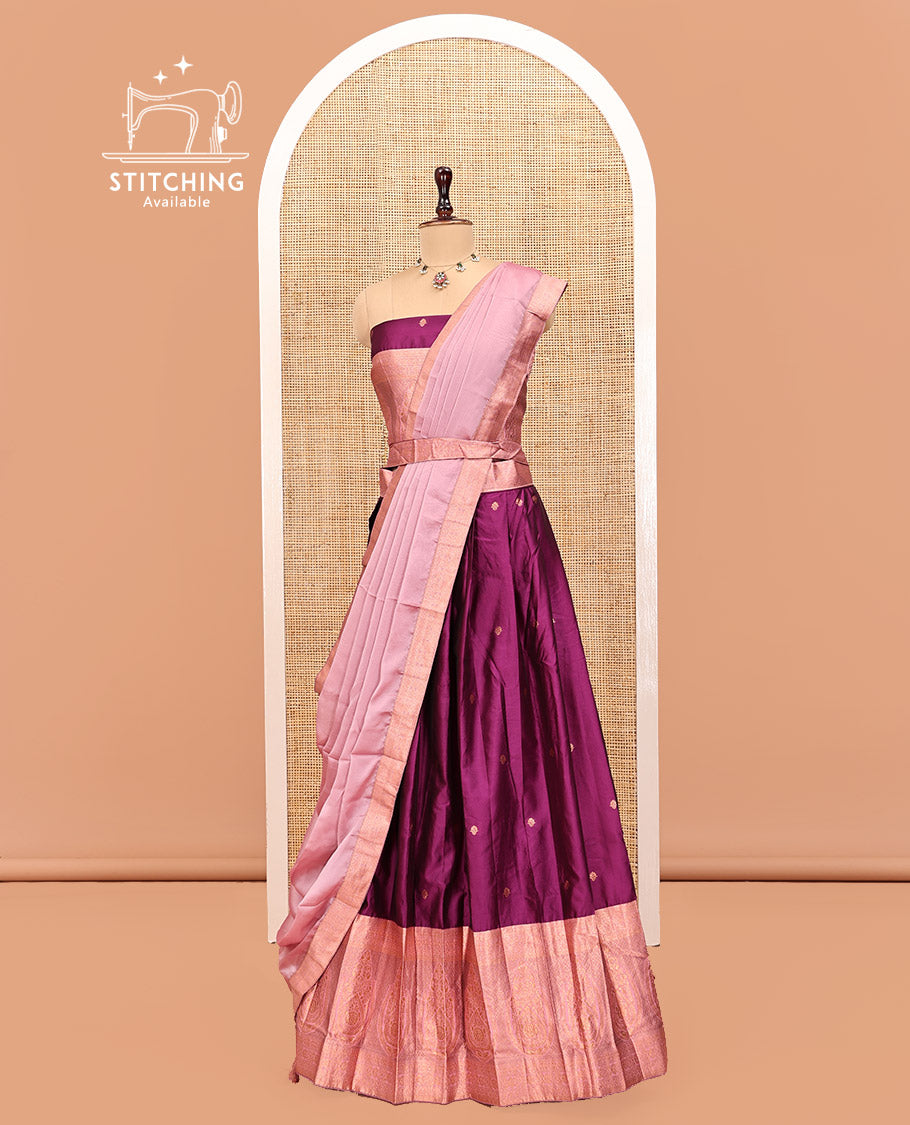 Purple Art Silk Half Saree Features Buttas Skirt, Complemented by Contrast Traditional Border, Matching Blouse, and a Plain Zari-Bordered Dhavani