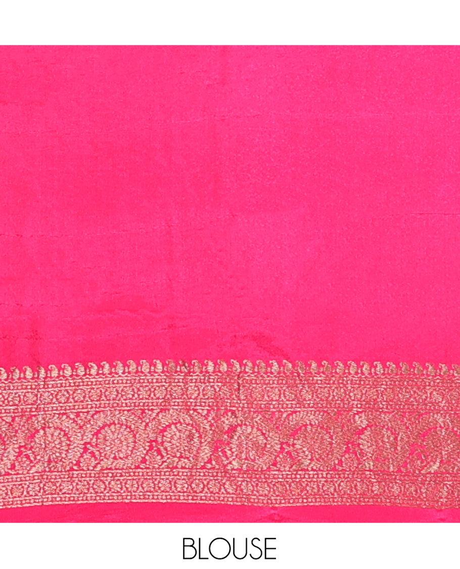 Pink Fancy Crepe Saree, Detailed with Buttas, Highlighted by a Floral Creeper Border, Intricately Designed Pallu, and a Matching Blouse