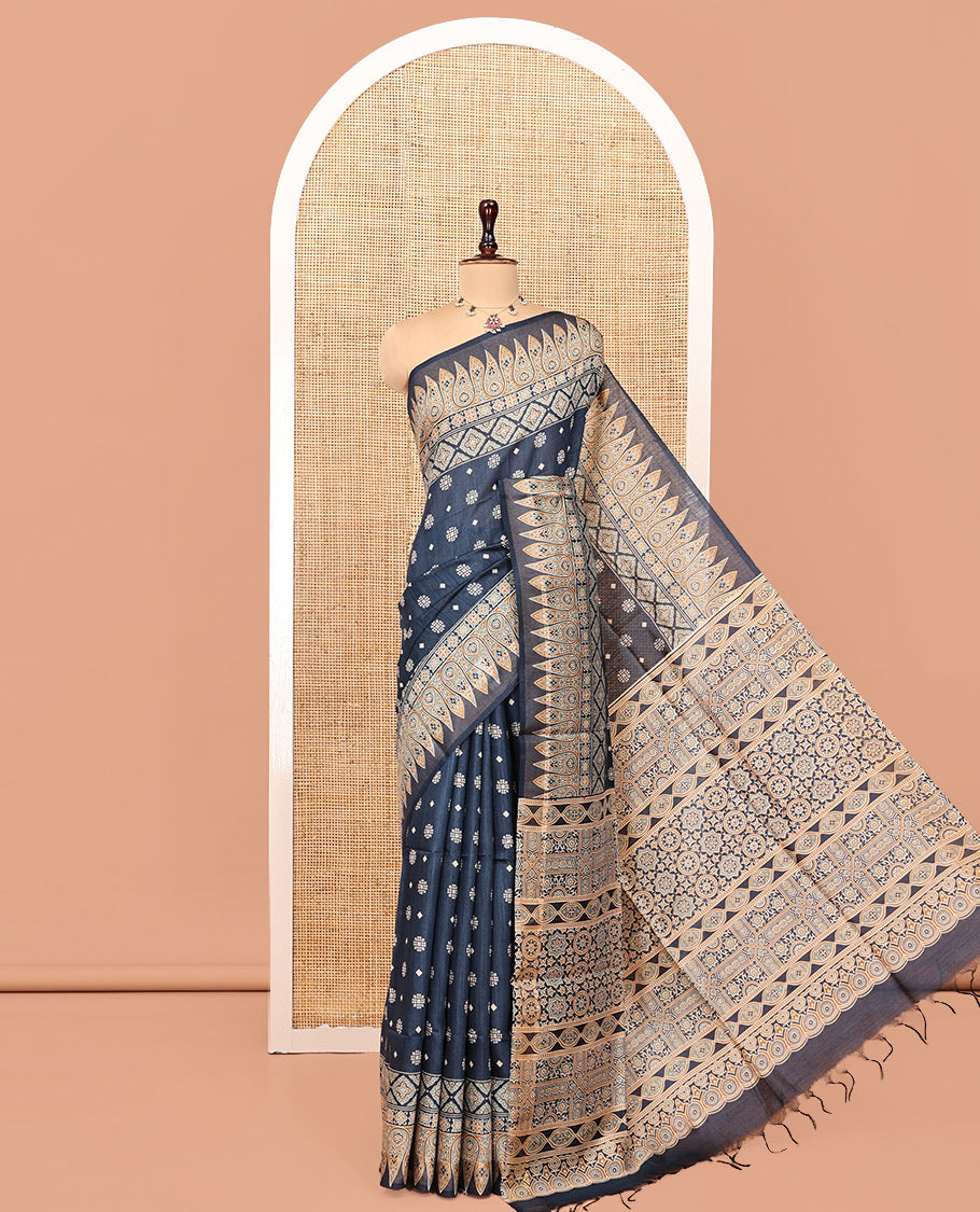 Dark Grey Buttas Tussar Silk Saree, an Ajrakh-Printed Border, Ajrakh Pallu, and Contrast Blouse