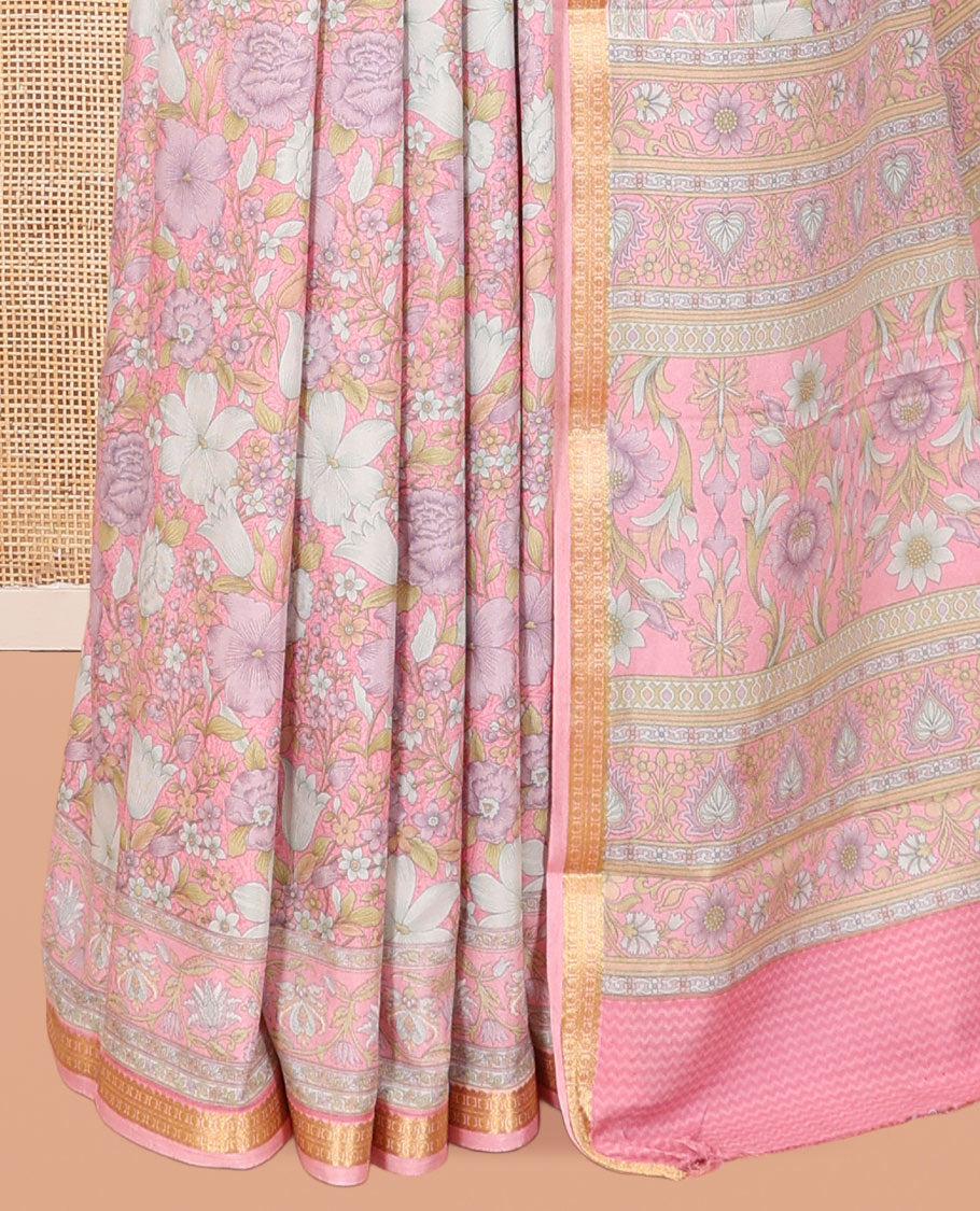 Baby Pink Printed Silk Saree, Ornamented with Floral Print, a Zari Border, Floral Printed Pallu, and a Matching Blouse