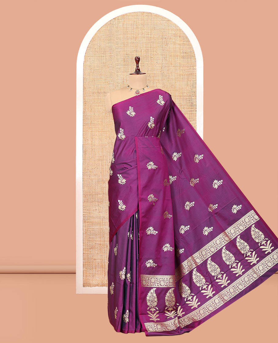 Borderless Purple Semi-Banaras Satin Silk Saree