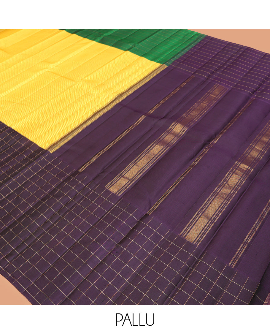 Yellow Kasa-Kasa Checked Kanchipuram Silk Saree, Complemented by a Contrast Ganga-Jamuna Border, Zari Striped Pallu, and a Contrast Blouse