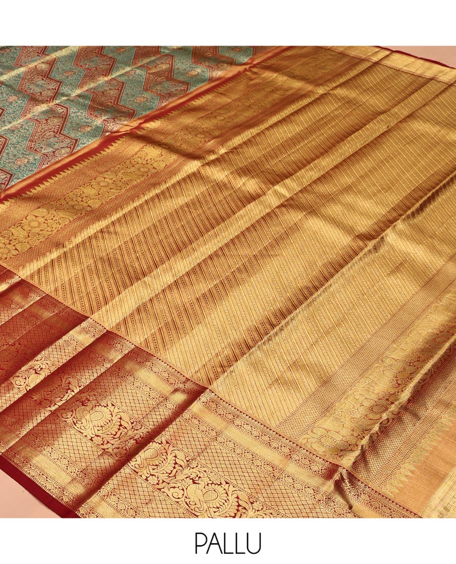 Blue Kanchipuram Tissue Silk Saree, Beautifully Bedecked with Meenakari Jacquard, a Contrast Border of Kodi Visiry, Jaal, and Mayil Designs, Diagonal Striped Pallu, and Contrast Blouse