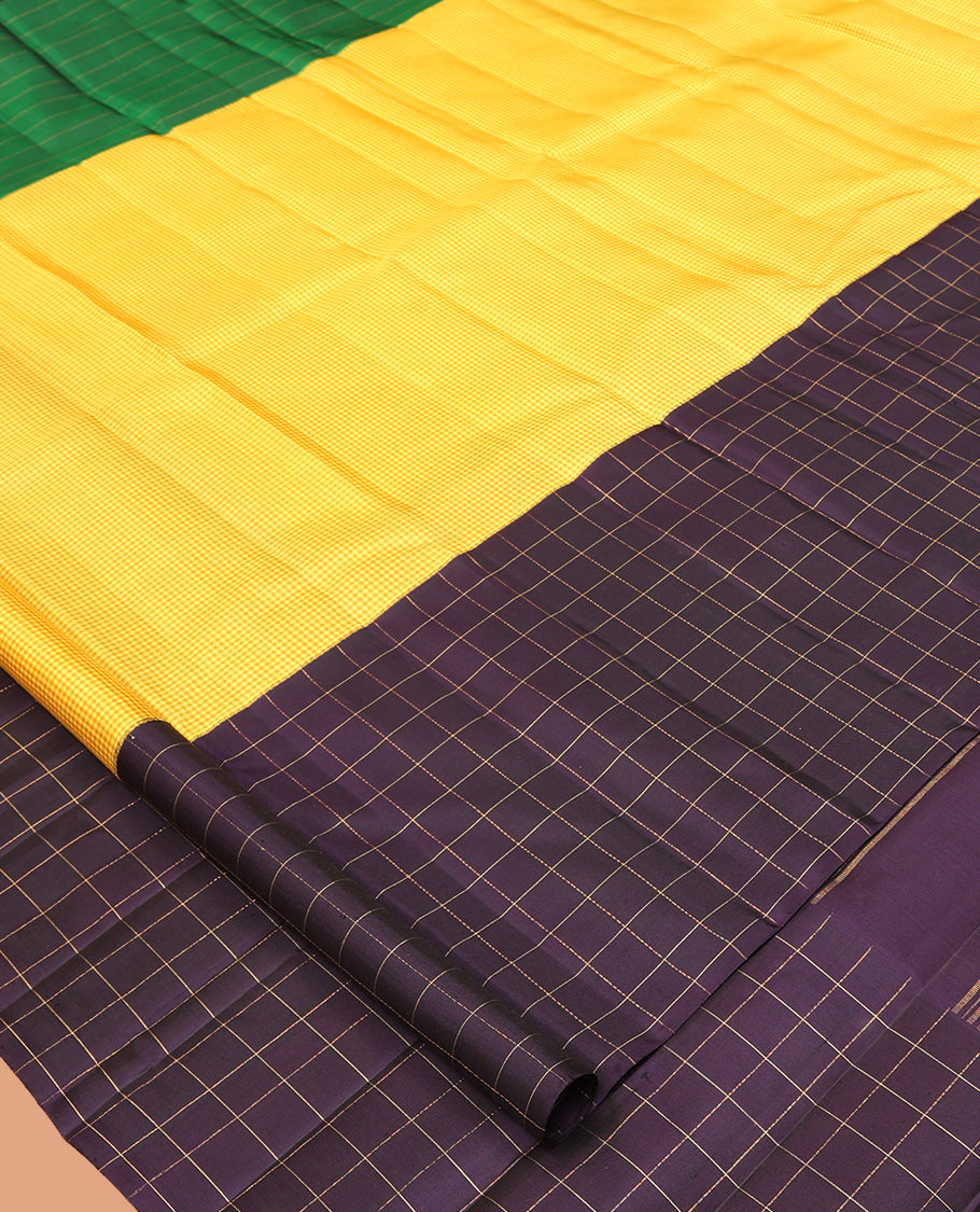 Yellow Kasa-Kasa Checked Kanchipuram Silk Saree, Complemented by a Contrast Ganga-Jamuna Border, Zari Striped Pallu, and a Contrast Blouse